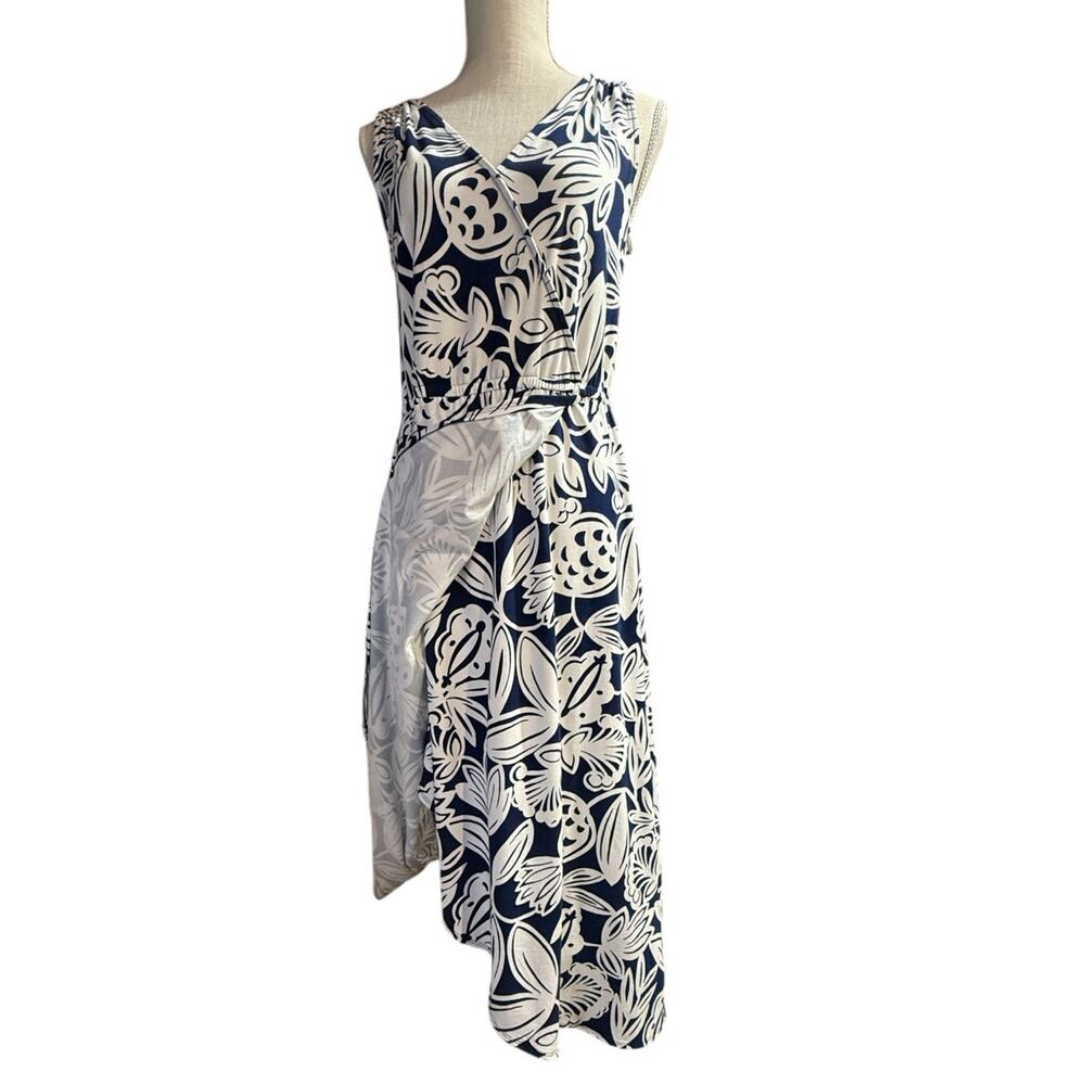 Talbots Dress Faux Wrap Maxi Tank Blue White Botanical Medium Petite Cotton Knit - Picture 5 of 16
